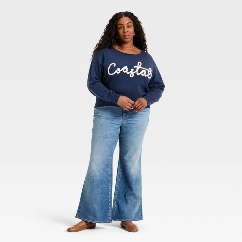 Universal Thread - Women's Cozy Wide Crewneck Love Pullover Sweater - Navy Blue - Picture 3 of 3